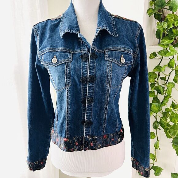 Jypsy Jeans Floral Satin Trimmed Boho Stretchy Denim Jacket Cotton Size Large - Picture 1 of 11